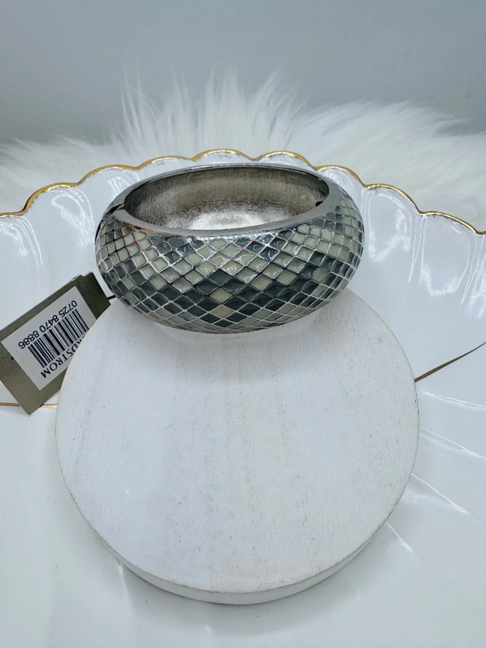 Silver Tone Mosaic Tile Wide Bangle Bracelet Statement Cuff Nordstrom - Picture 5 of 7